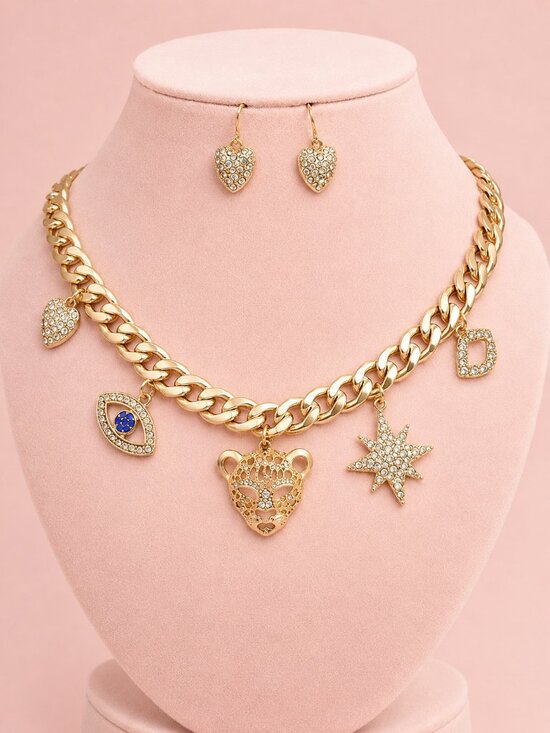 Love, Calliope Jewelry - Cheetah Leopard Evil Eye Crystal Rhinestone CZ Gold Chain Charm Necklace SET New
